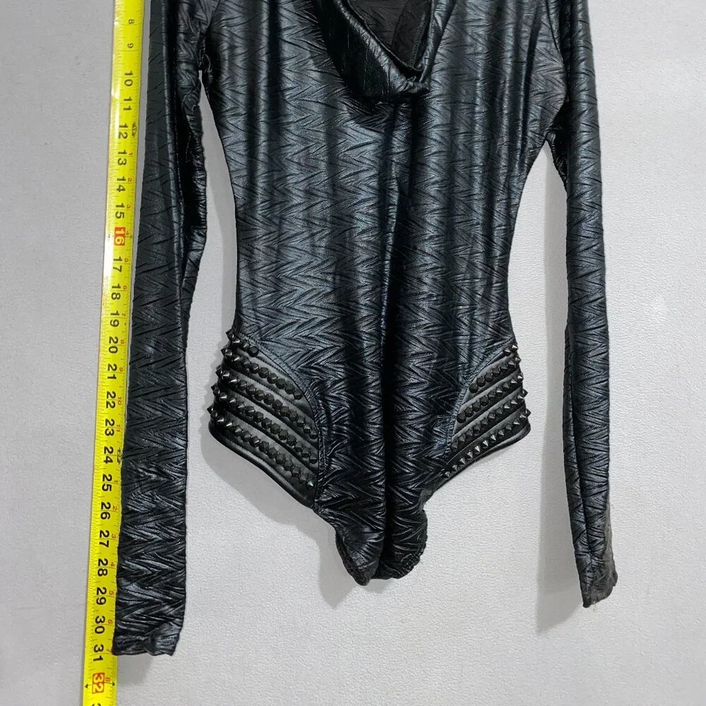 Ivy Layne Studded Black Hooded Bodysuit M/L Made in USA Edgy Zip Front - Picture 5 of 7